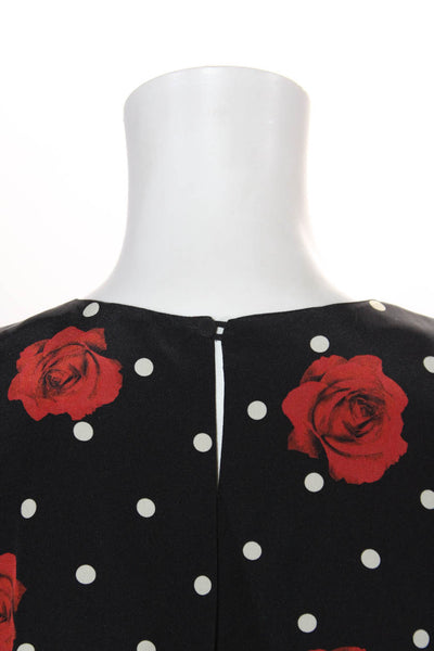 Saint Laurent Womens Polka Dot Rose Pleated Long Sleeve Sheath Dress Black FR 42