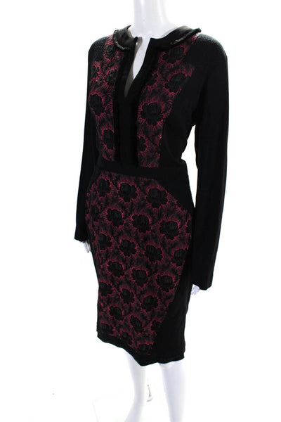 Etro Womens Back Zip 3/4 Sleeve V Neck Floral Sheath Dress Black Pink Size IT 48