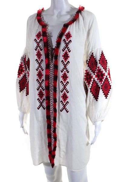 Figue Womens Embroidered Fringe Tunic Dress White Cotton Size Extra Small