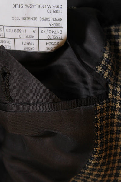 Canali Mens Woven Plaid Three Button Slim Fit Blazer Jacket Tan Black Size 62L