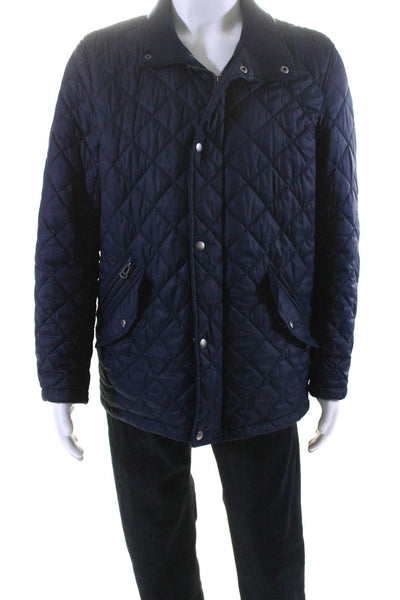 Cole Haan Mens Quilted Ribbed Knit Collared Snap Front Jacket Coat Navy Size M