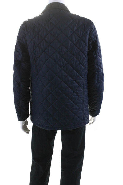 Cole Haan Mens Quilted Ribbed Knit Collared Snap Front Jacket Coat Navy Size M