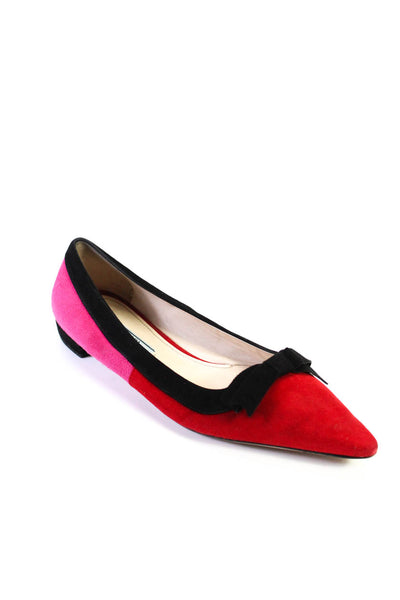 Prada Womens Red Pink Suede Color Block Bow Front Pointed Toe Flats Shoes Size 8