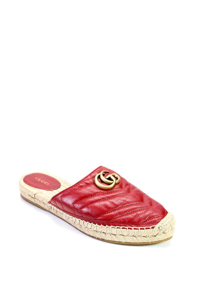 Gucci Womens Red Leather GG Logo Quilted Espadrille Flats Mules Shoes Size 8