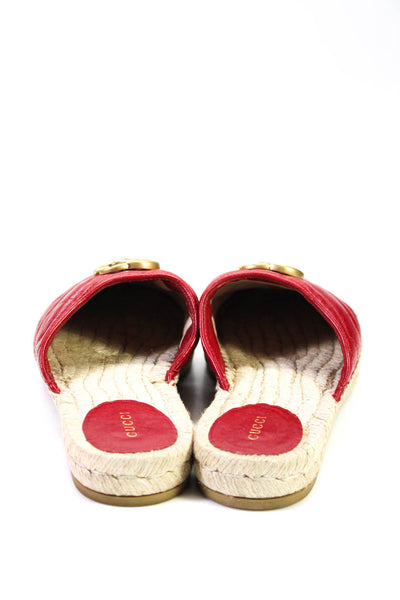 Gucci Womens Red Leather GG Logo Quilted Espadrille Flats Mules Shoes Size 8