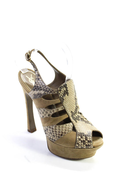 YSL Womens Snakeskin Print Platform Slingbacks Sandals Beige Size 38.5 8.5