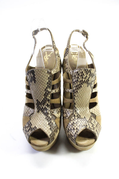 YSL Womens Snakeskin Print Platform Slingbacks Sandals Beige Size 38.5 8.5