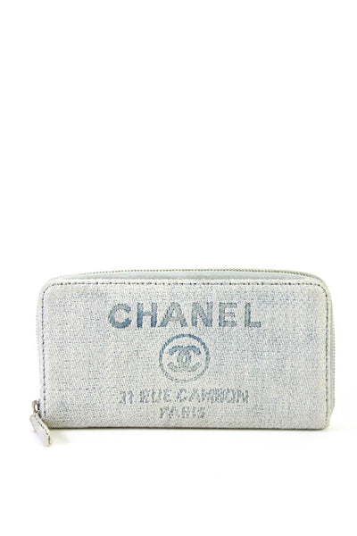 Chanel Womens Woven Canvas  Zip Around Continental Deauville Wallet Sky Blue