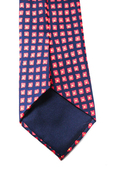 Hermes Mens Silk Geometric Print Necktie Navy Blue Pink