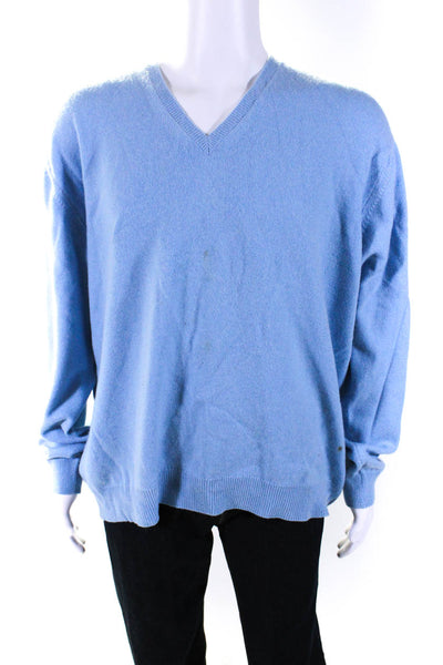 Gray Saks Fifth Avenue Mens Cashmere Long Sleeve V-Neck Sweater Blue Size 2XL