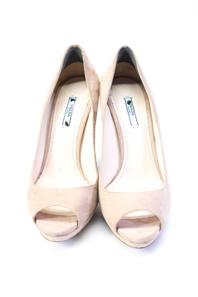 Prada Womens Light Brown Suede Peep Toe Platform High Heels Pump Shoes Size 10.5