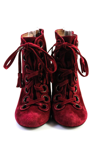 Laurence Dacade Womens Block Heel Grommet Lace Up Booties Red Suede Size 36.5