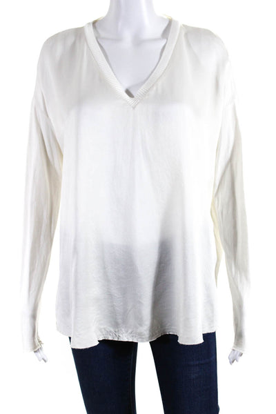 Go Silk Womens White Silk V-Neck Long Sleeve Flowy Blouse Top Size S