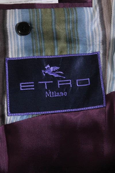 Etro Mens Gray Purple Wool Cashmere Plaid Two Button Long Sleeve Blazer Size 50R
