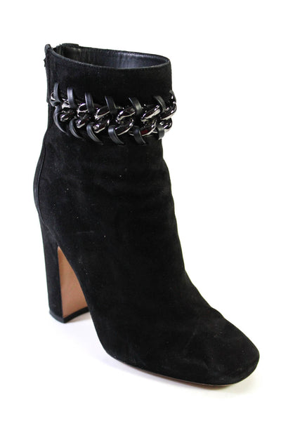 Valentino Garavani Women's Suede Block Heels Chain Ankle Bootie Black Size 7