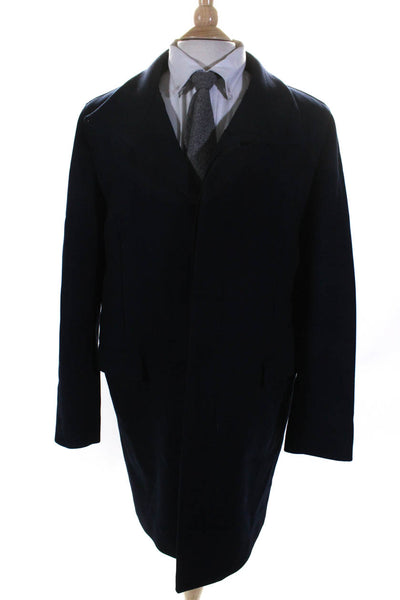 Theory Men's Long Sleeves Collared Pockets Long Coat Navy Blue Size XXL