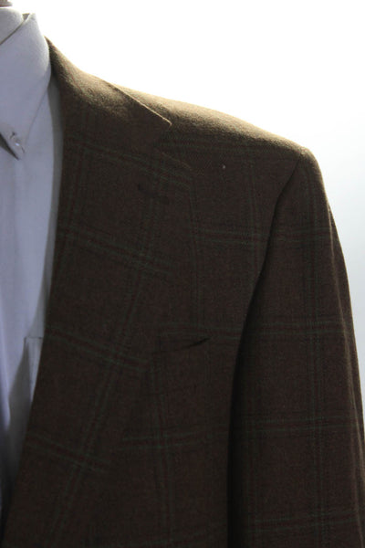 Hickey Freeman Mens Plaid Two Button Blazer Jacket Brown Wool Size 44 Long