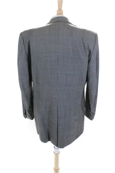 Hickey Freeman Mens Plaid Double Breasted Blazer Black Wool Size 43 Long