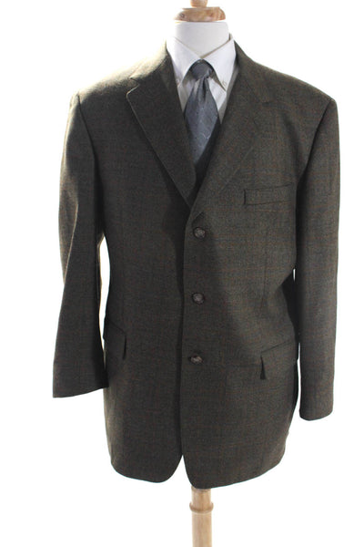 Hickey Freeman Mens Brown Plaid Wool Cashmere Three Button Blazer Size 44R
