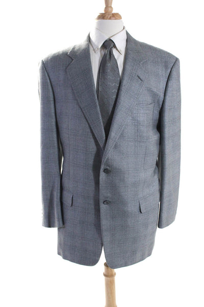 Hickey Freeman Mens Gray Wool Silk Plaid Two Button Long Sleeve Blazer Size 43L
