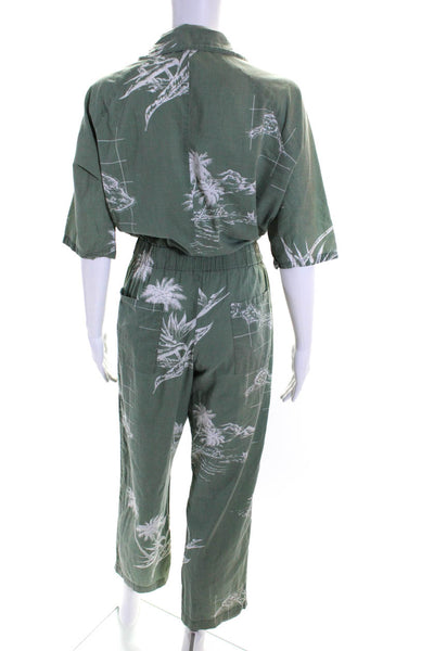 Paradised Womens Cotton Palm Tree Print Front Zip Straight Jumpsuit Green Size S