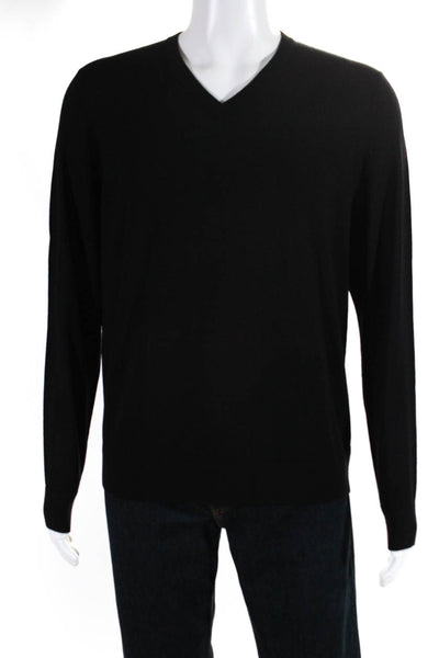 Theory Mens Wool Blend Tight Knit V Neck Thin Pullover Sweater Top Black Size L