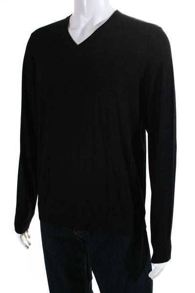 Theory Mens Wool Blend Tight Knit V Neck Thin Pullover Sweater Top Black Size L