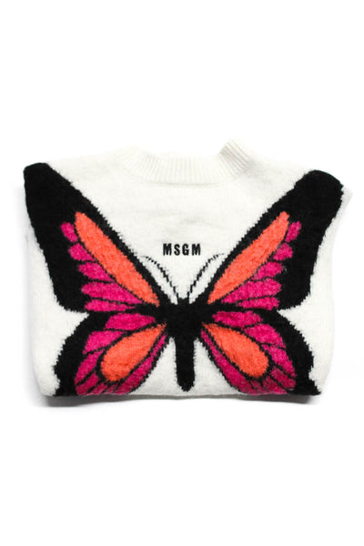 MSGM Kids Girls Wool Blend Butterfly Print Pullover Sweater Top Beige Size 14Y
