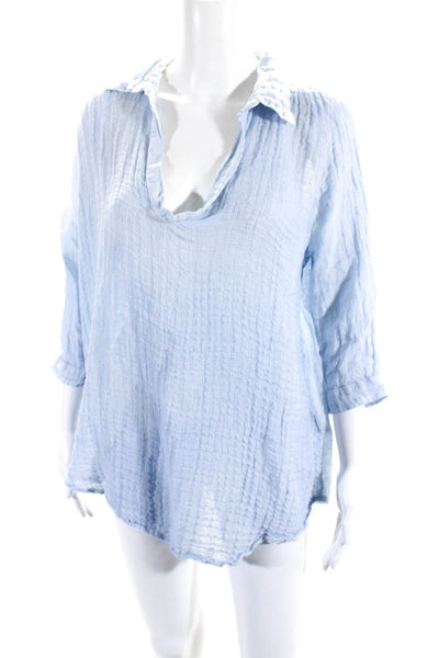 Sunday Tropez Womens Linen V Neck Long Sleeve Coverup Top Blue Size M