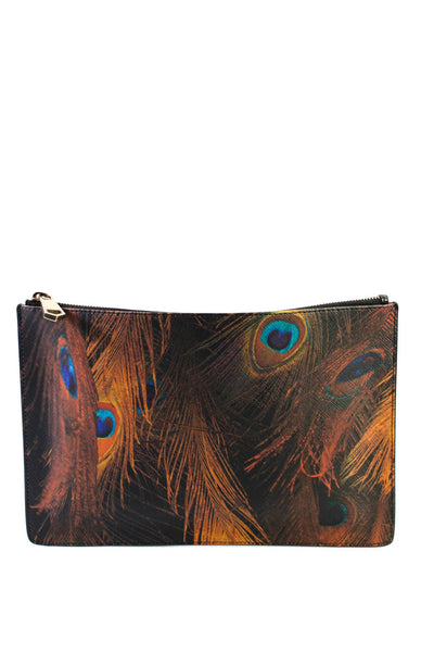 Givenchy Womens Orange Peacock Print Zip Flat Clutch Bag Handbag