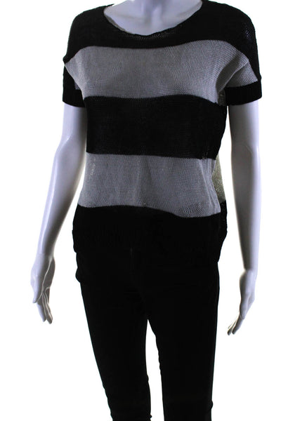 Theory Womens Striped Short Sleeved Round Neck Knit Blouse Gray Black Size S