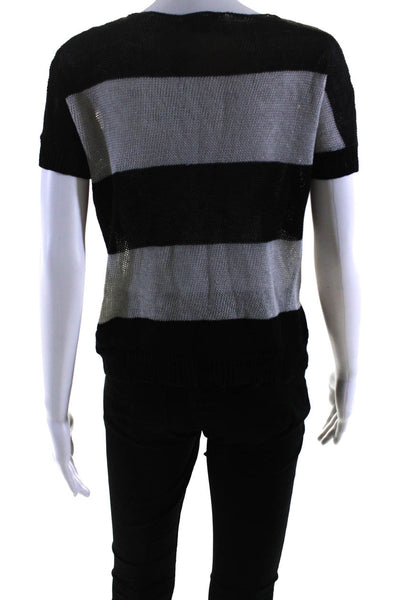 Theory Womens Striped Short Sleeved Round Neck Knit Blouse Gray Black Size S