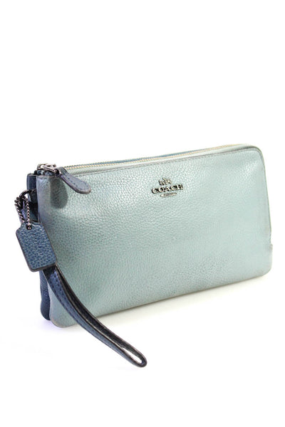 Coach Womens Grained Leather Two-Tone Double Zipper Pouch Wallet Blue 7.25IN