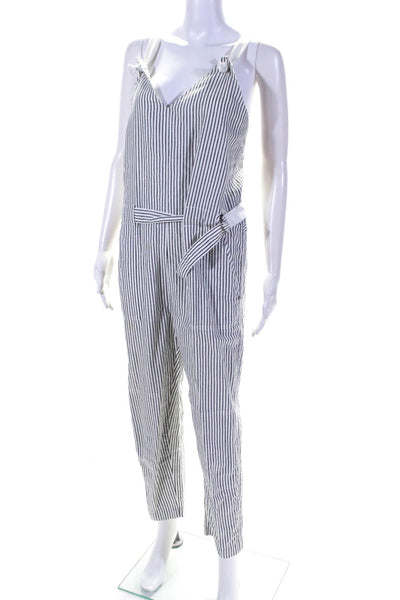 Rag & Bone Womens Striped Sleeveless V Neck Belted Jumpsuit White Gray Size 2