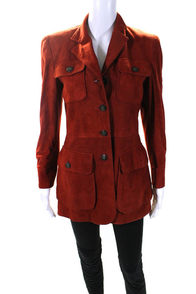 Wathne Womens Suede Collared Long Sleeved Buttoned Blazer Jacket Red Size 2