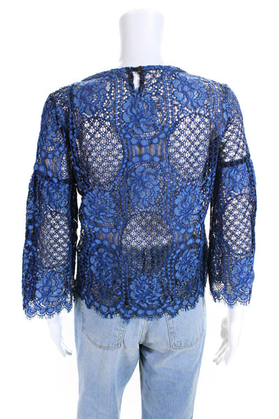 Valerie Khalfon Womens Floral Open Lace Flared Long Sleeved Blouse Blue Size 38