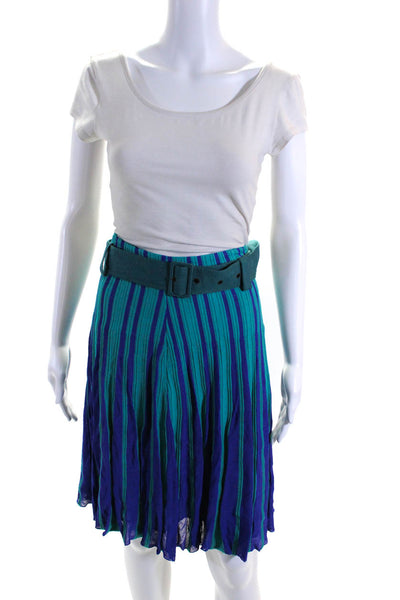 Etro Womens Blue Teal Striped Belt Pleated Knee Length A-Line Skirt Size 48