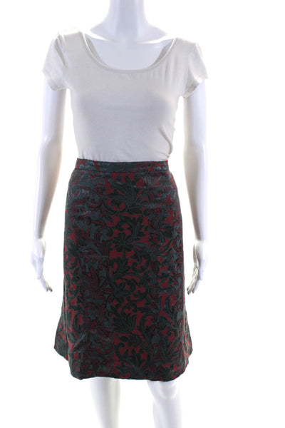 Etro Womens Red Gray Silk Floral Embroidered Knee Length Pencil Skirt Size 48