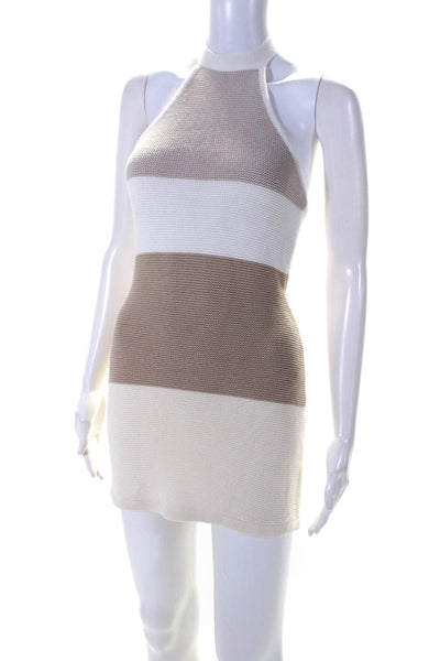 Sabo Womens Open Back Halter Striped Knit Dress White Brown Size Extra Small