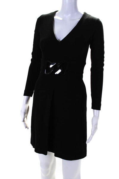 Milly Womens Back Zip Long Sleeve V Neck Sheath Dress Black Size Petite