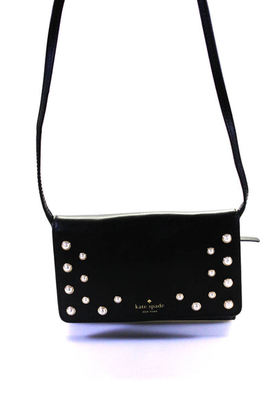 Kate Spade New York Womens Leather Pearl Flap Crossbody Shoulder Handbag Black