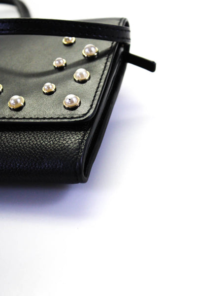 Kate Spade New York Womens Leather Pearl Flap Crossbody Shoulder Handbag Black