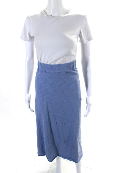 Leallo Womens Elastic Waistband Side Slit Midi A Line Skirt Blue Size Medium