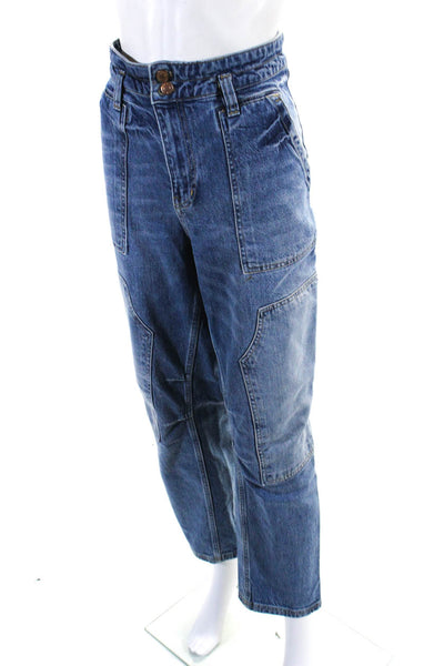 Pilcro Womens Buttoned Zip Patchwork Medium Wash Straight Jeans Blue Size EUR31