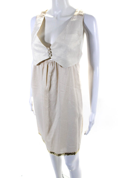 McGinn Womens Metallic Beige V-Neck Cut Out Sleeveless A-Line Dress Size 38