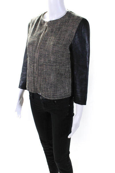 10 Crosby Derek Lam Womens Linen + Leather Round Neck Blazer Jacket Black Size 4