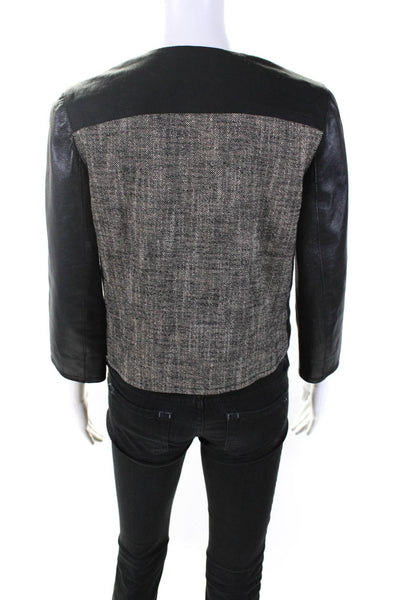 10 Crosby Derek Lam Womens Linen + Leather Round Neck Blazer Jacket Black Size 4