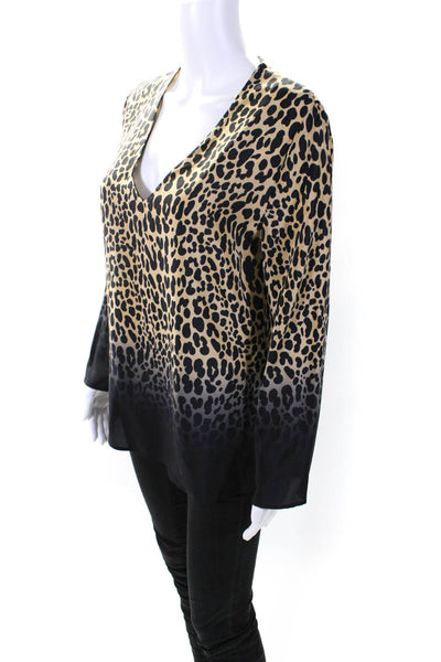Etro Milano Womens Silk Jaguar Print V-Neck Flounce Sleeve Blouse Top Tan Size S