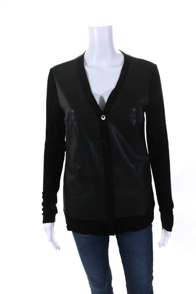 Bailey 44 Womens Knit Faux Leather Button Up Cardigan Sweater Black Size Small