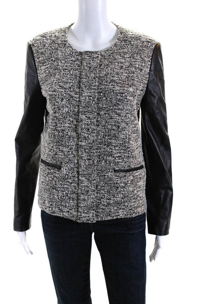 Barneys New York Womens Crew Neck Leather Trim Knit Jacket Black Gray Medium